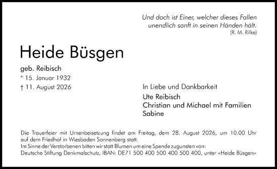 Traueranzeige von Heide Büsgen von Wiesbadener Kurier