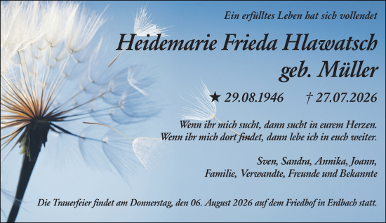 Traueranzeige von Heidemarie Frieda Hlawatsch von Dill Block