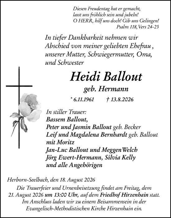Traueranzeige von Heidi Ballout von Dill Block