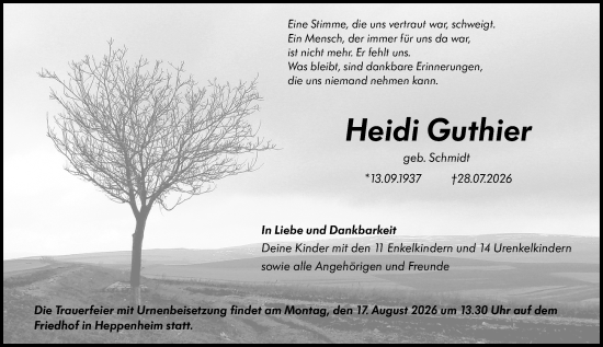 Traueranzeige von Heidi Guthier von Starkenburger Echo
