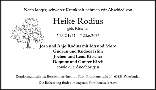 Traueranzeige von Heike Rodius von Wiesbadener Kurier