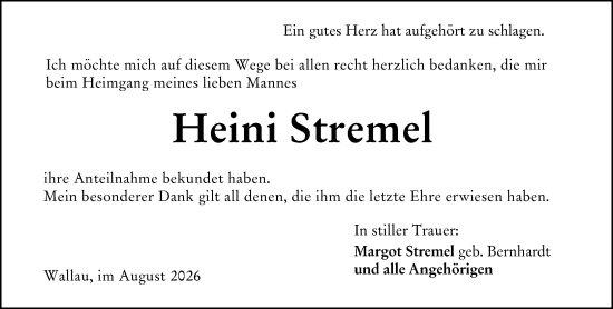 Traueranzeige von Heini Stremel von Hinterländer Anzeiger