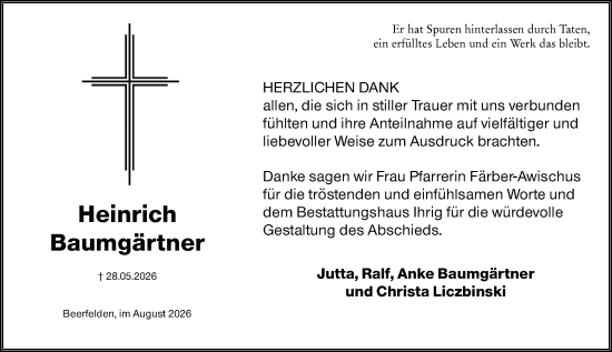 Traueranzeige von Heinrich Baumgärtner von Odenwälder Echo