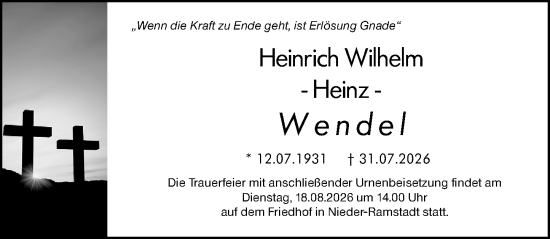 Traueranzeige von Heinrich Wilhelm Wendel von Darmstädter Echo