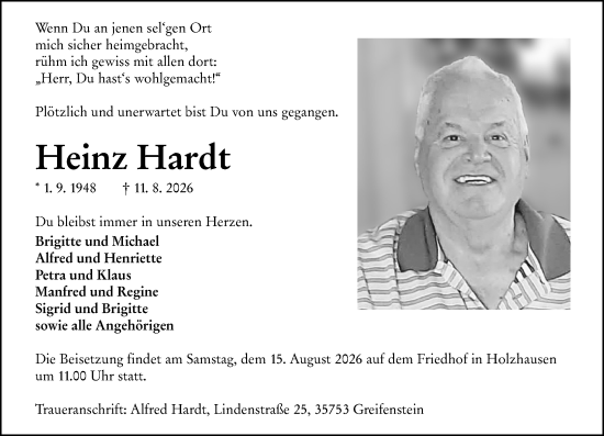 Traueranzeige von Heinz Hardt von Wetzlarer Neue Zeitung
