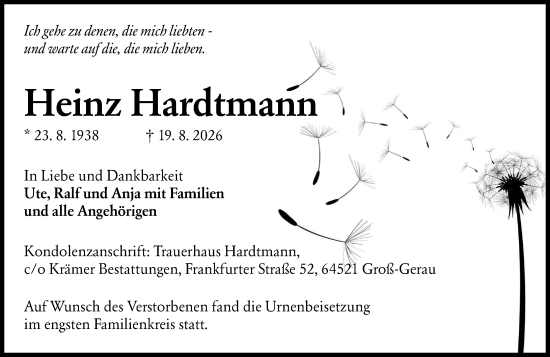 Traueranzeige von Heinz Hardtmann von Groß-Gerauer Echo