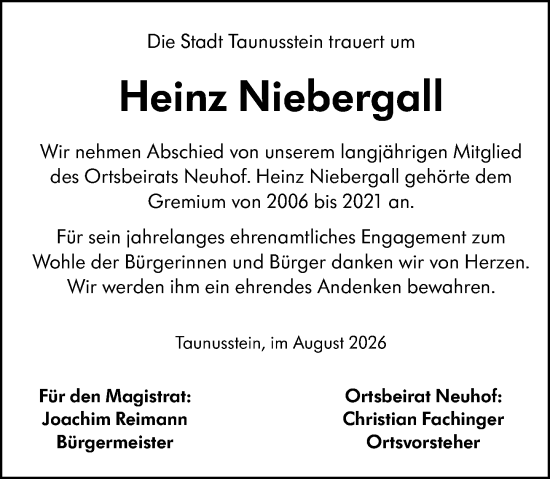 Traueranzeige von Heinz Niebergall von Idsteiner Land/Untertaunus