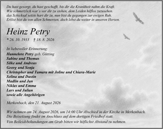 Traueranzeige von Heinz Petry von Dill Block