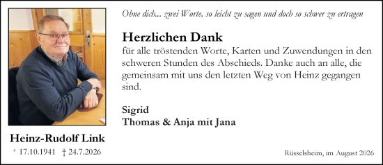 Traueranzeige von Heinz-Rudolf Link von Rüsselsheimer Echo