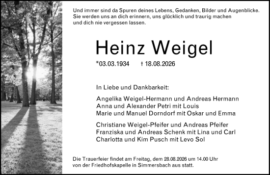 Traueranzeige von Heinz Weigel von Hinterländer Anzeiger