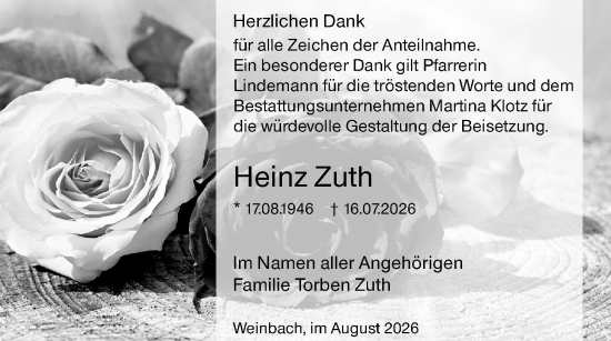 Traueranzeige von Heinz Zuth von Weilburger Tageblatt