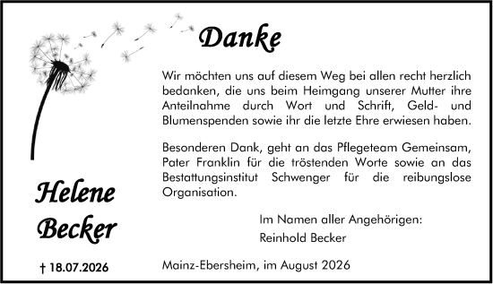 Traueranzeige von Helene Becker von Allgemeine Zeitung Mainz