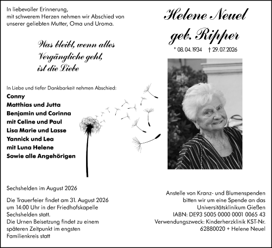 Traueranzeige von Helene Neuel von Dill Block
