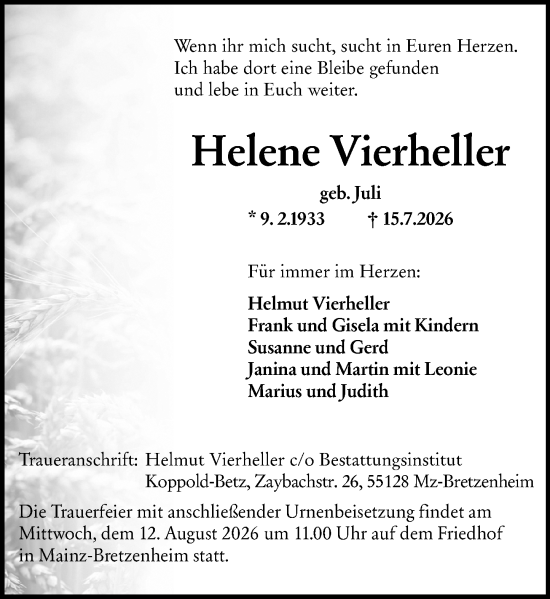 Traueranzeige von Helene Vierheller von Allgemeine Zeitung Mainz