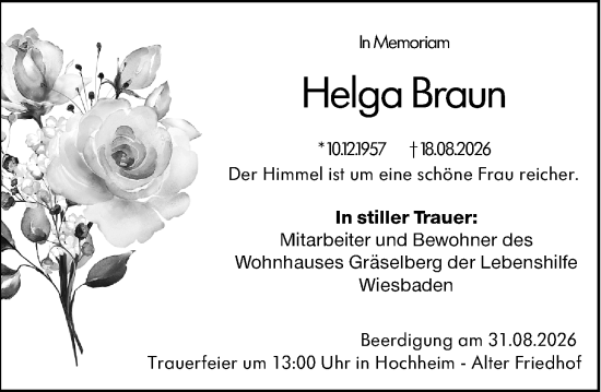 Traueranzeige von Helga Braun von Wiesbadener Kurier