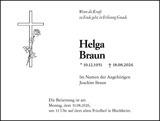 Traueranzeige von Helga Braun von Hochheimer Zeitung
