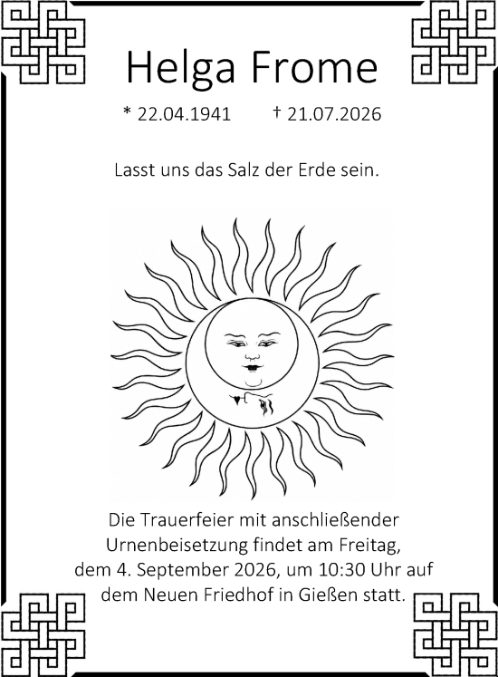 Traueranzeige von Helga Frome von Wetzlarer Neue Zeitung