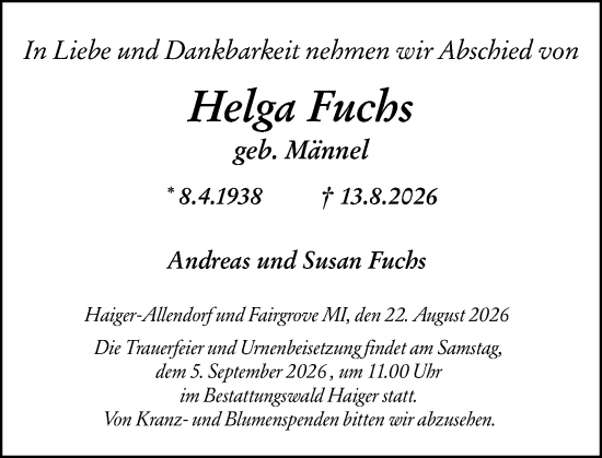 Traueranzeige von Helga Fuchs von Dill Block