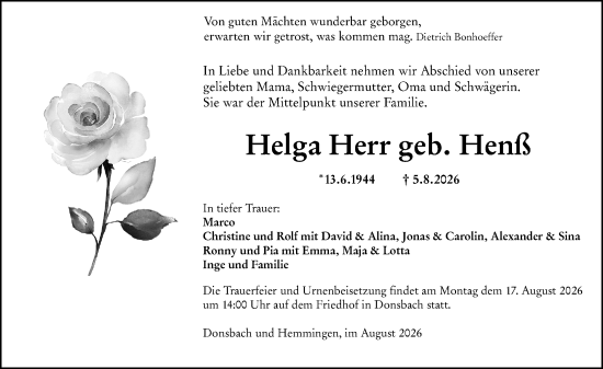 Traueranzeige von Helga Herr von Dill Block