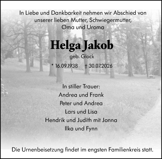 Traueranzeige von Helga Jakob von Darmstädter Echo