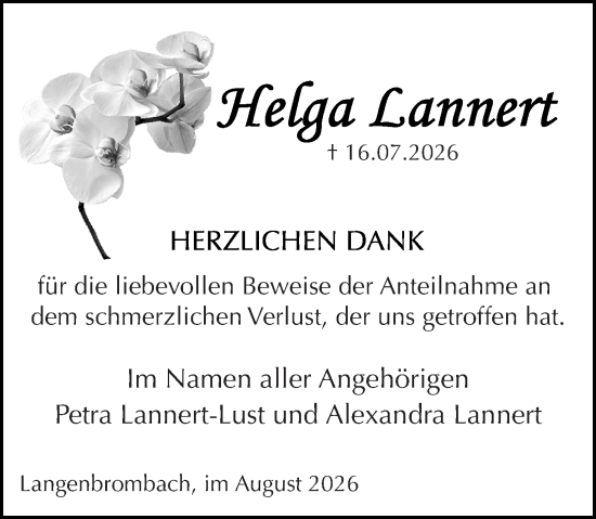 Traueranzeige von Helga Lannert von Odenwälder Echo