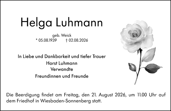 Traueranzeige von Helga Luhmann von Wiesbadener Kurier