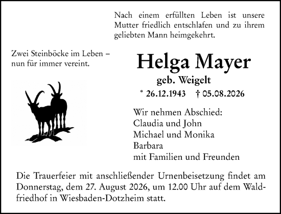 Traueranzeige von Helga Mayer von Wiesbadener Kurier