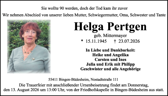 Traueranzeige von Helga Pertgen von Allgemeine Zeitung Rheinhessen-Nahe