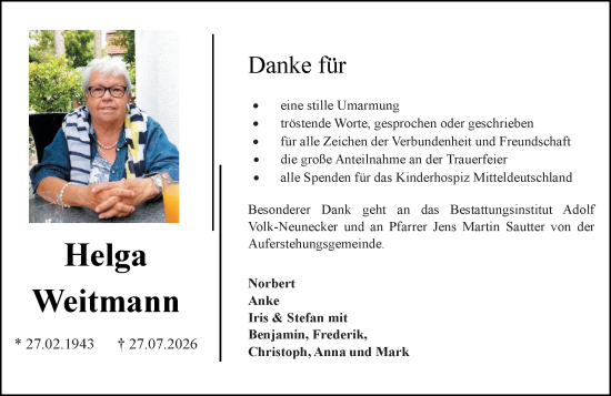 Traueranzeige von Helga Weitmann von Allgemeine Zeitung Mainz
