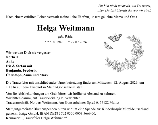 Traueranzeige von Helga Weitmann von Allgemeine Zeitung Mainz
