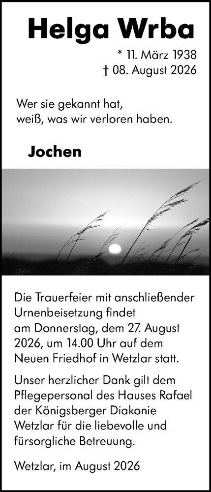 Traueranzeige von Helga Wrba von Wetzlarer Neue Zeitung