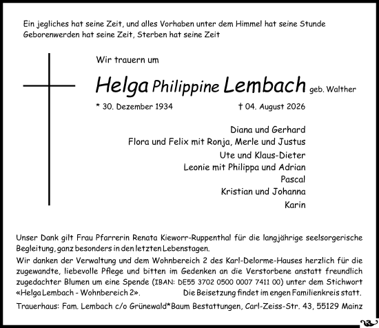 Traueranzeige von Helga Philippine Lembach von Allgemeine Zeitung Mainz