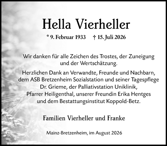 Traueranzeige von Hella Vierheller von Allgemeine Zeitung Mainz