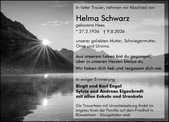 Traueranzeige von Helma Schwarz von Rüsselsheimer Echo