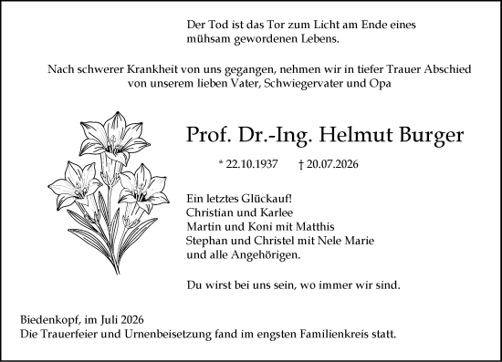 Traueranzeige von Helmut Burger von Hinterländer Anzeiger