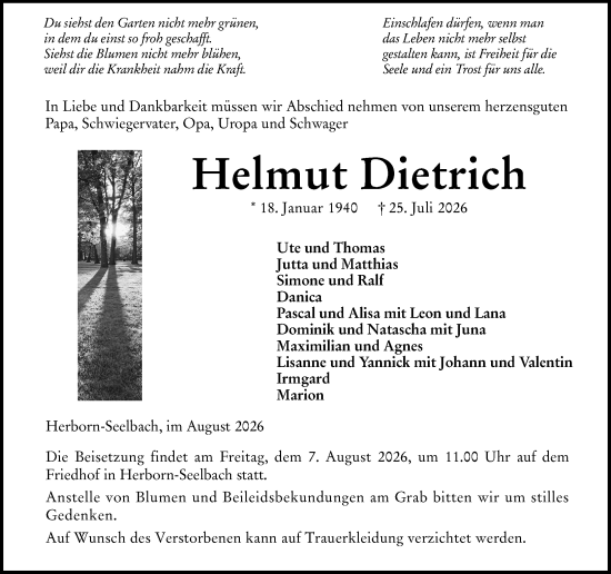 Traueranzeige von Helmut Dietrich von Dill Block