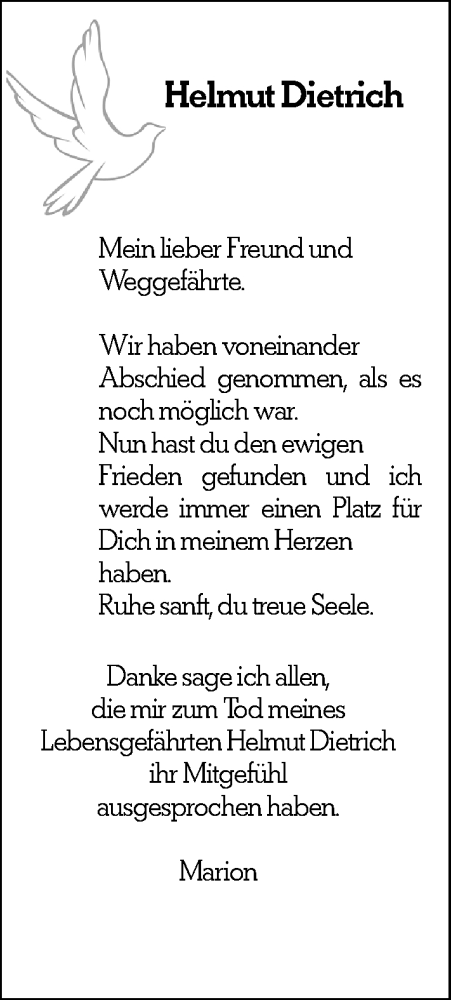 Traueranzeige von Helmut Dietrich von Dill Block