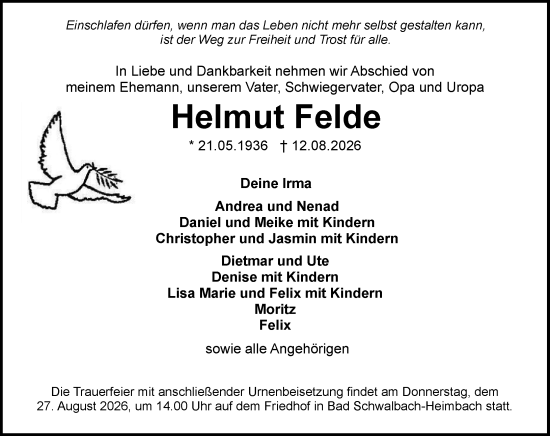 Traueranzeige von Helmut Felde von Idsteiner Land/Untertaunus