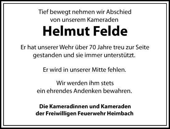 Traueranzeige von Helmut Felde von Idsteiner Land/Untertaunus