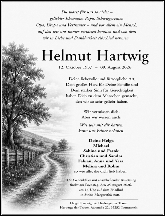 Traueranzeige von Helmut Hartwig von Idsteiner Land/Untertaunus