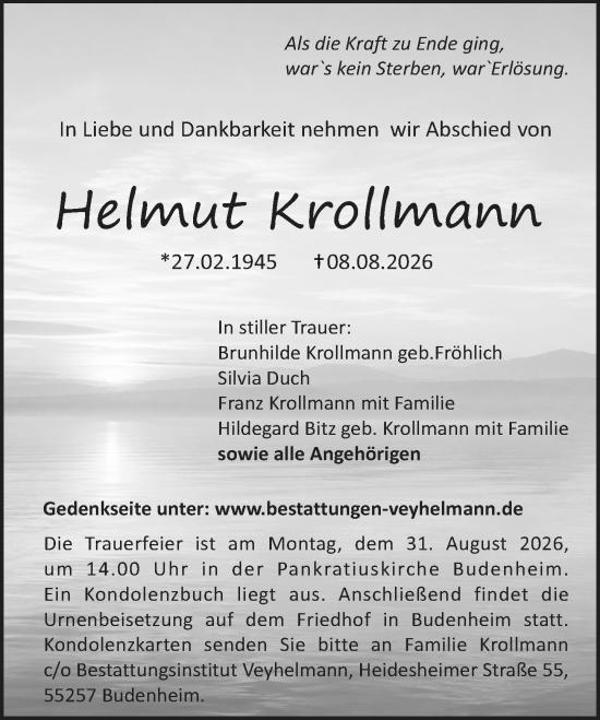 Traueranzeige von Helmut Krollmann von Allgemeine Zeitung Rheinhessen-Nahe