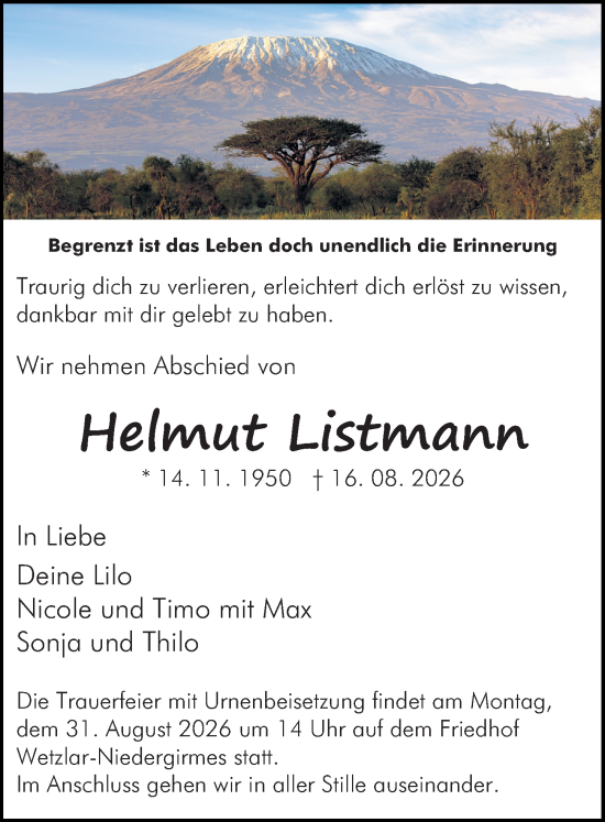 Traueranzeige von Helmut Listmann von Wetzlarer Neue Zeitung