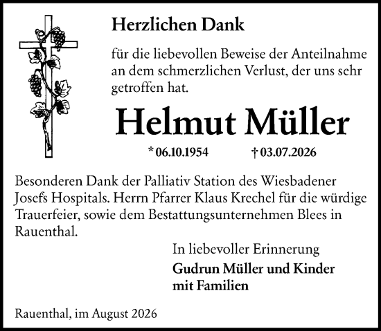 Traueranzeige von Helmut Müller von Wiesbadener Kurier