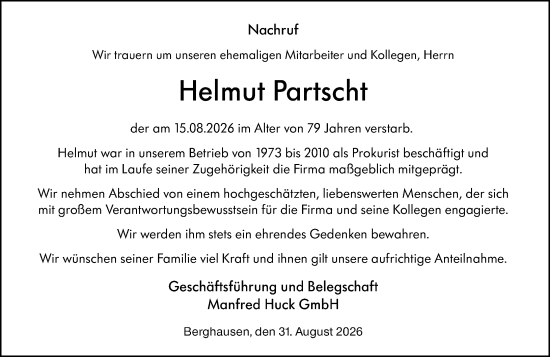 Traueranzeige von Helmut Partscht von Wetzlarer Neue Zeitung