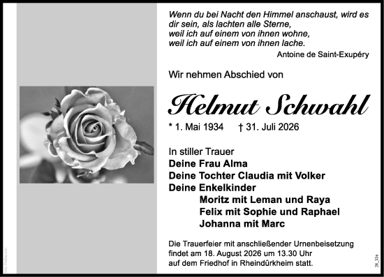 Traueranzeige von Helmut Schwahl von Wormser Zeitung