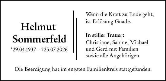 Traueranzeige von Helmut Sommerfeld von Dill Block