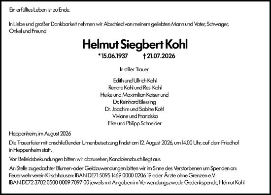Traueranzeige von Helmut Siegbert Kohl von Starkenburger Echo
