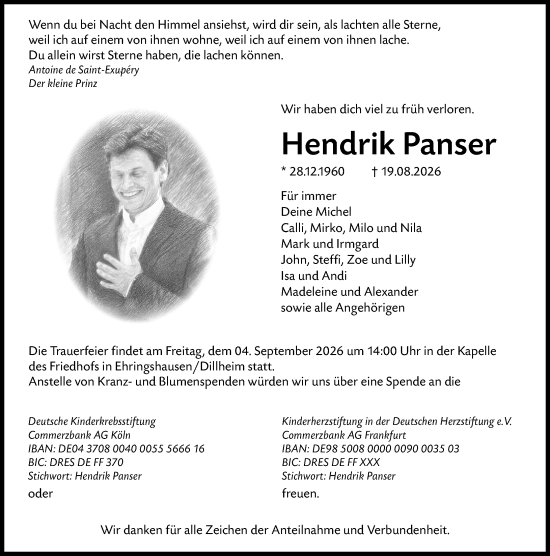 Traueranzeige von Hendrik Panser von Dill Block