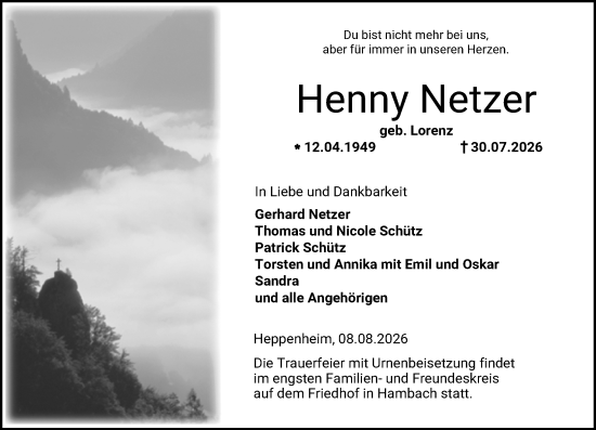 Traueranzeige von Henny Netzer von Starkenburger Echo