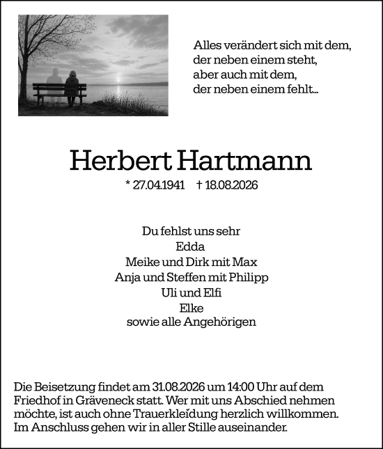 Traueranzeige von Herbert Hartmann von Weilburger Tageblatt